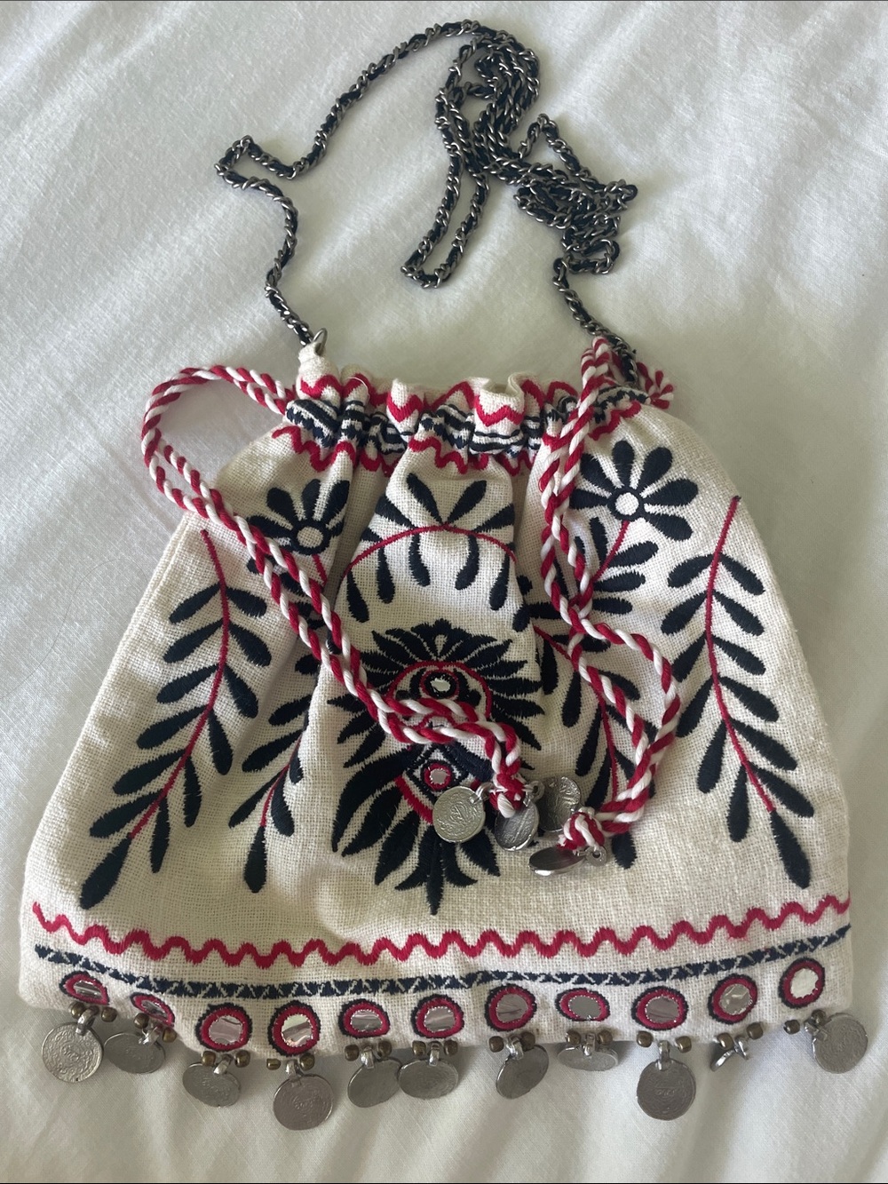 Free People Boho Embroidered Drawstring Shoulder Bag in Cream, Black & Red